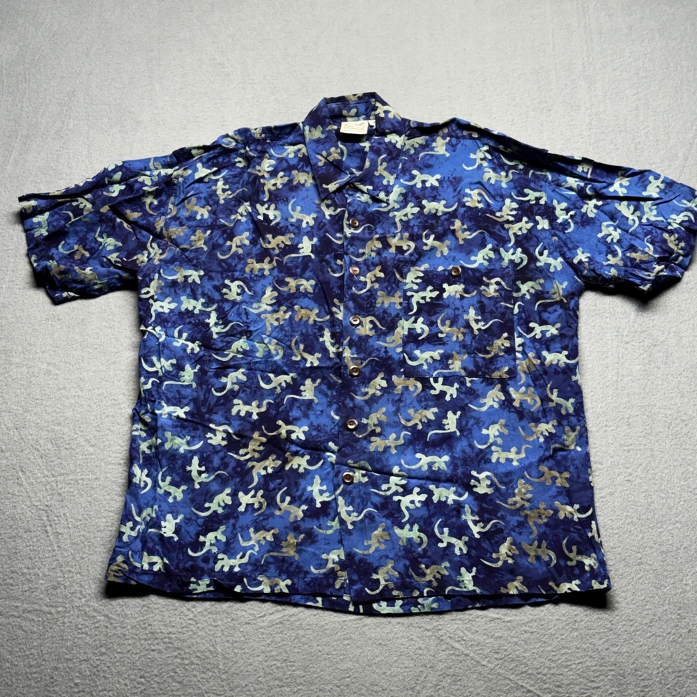 Travel Smith Mens Rayon Lizard Gecko Print Shirt Blue Batik Button Down Size M
